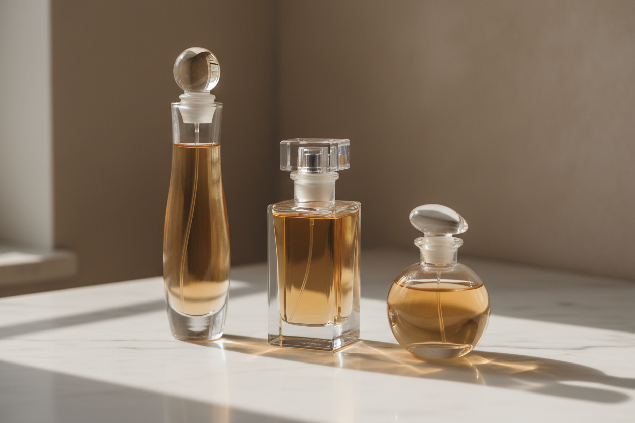 Trois flacons de parfum de tailles différentes alignés sur un marbre blanc, illustrant les formats disponibles.