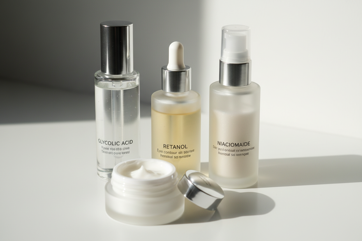 Sérums et crèmes cosmétiques pour traitement du milium : rétinol, AHA et niacinamide.