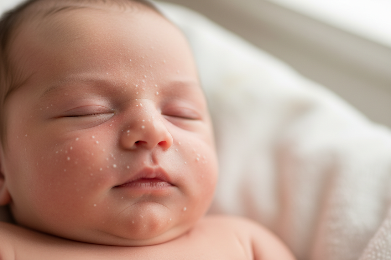 Gros plan du visage d'un nourrisson présentant de petits grains de milium blancs sur le nez et les joues.
