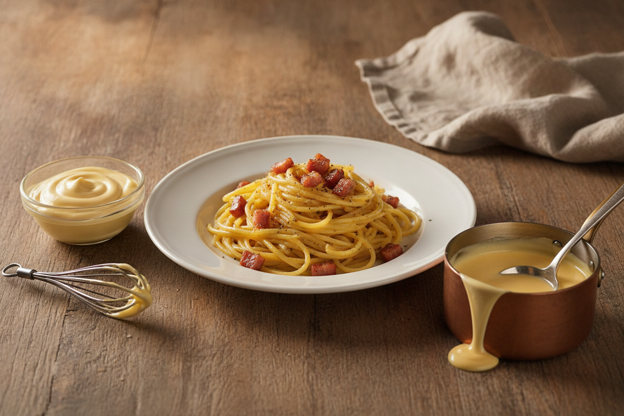 Mayonnaise maison, carbonara authentique et sauce hollandaise préparées avec des jaunes d'œufs, sur une table en bois.