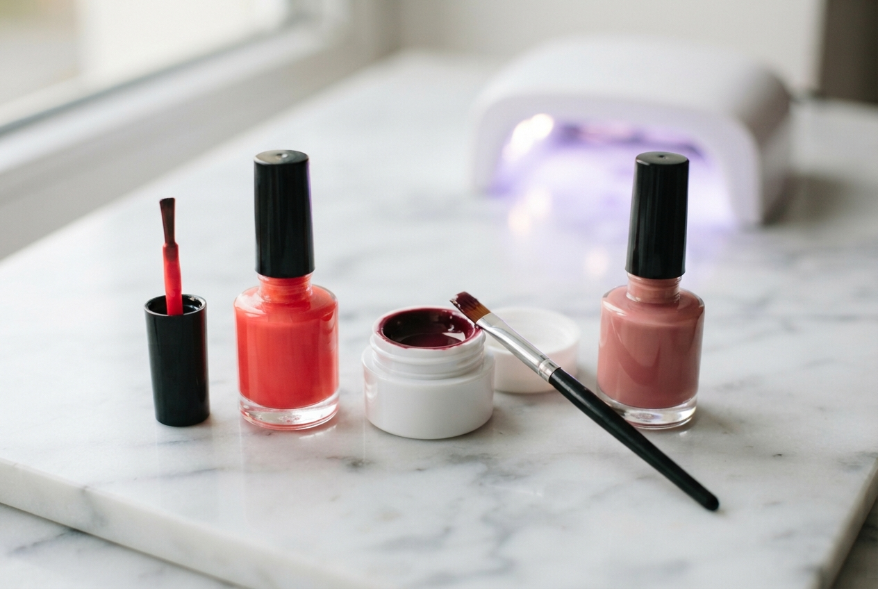 Trois types de vernis à ongles côte à côte sur marbre blanc : vernis classique, semi-permanent et gel UV.