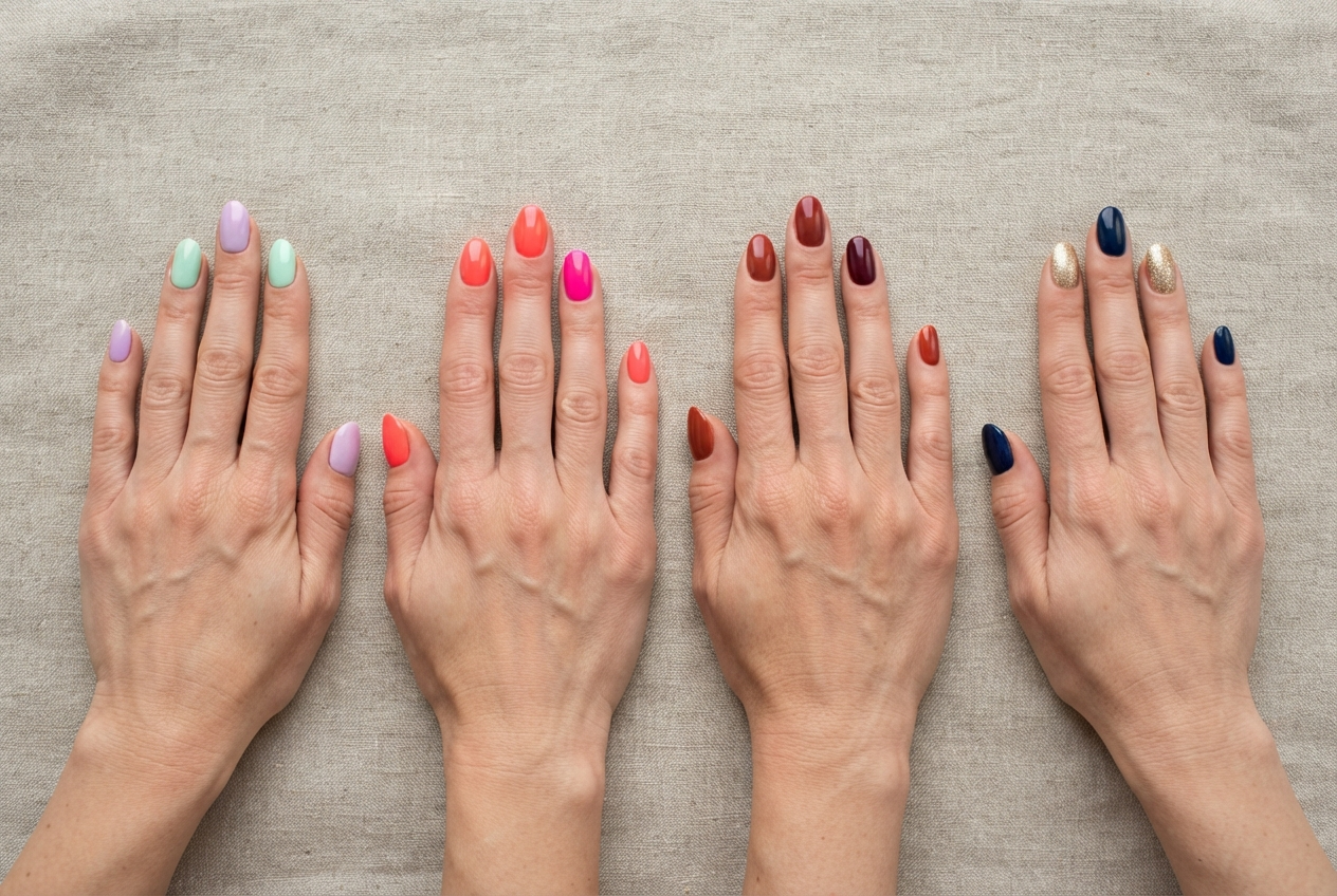 Quatre mains aux ongles colorés illustrant les tendances manucure saisonnières du printemps à l'hiver.