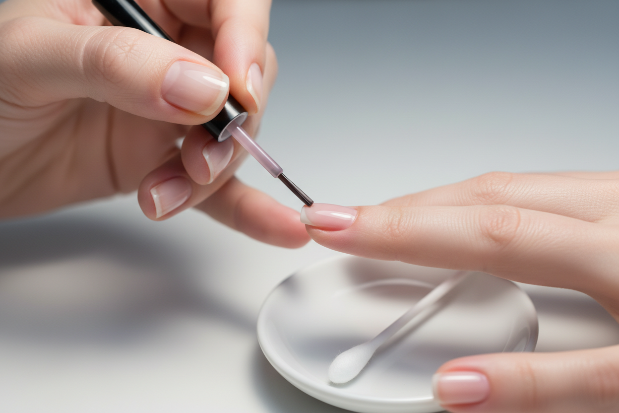 Gros plan d'une main appliquant un vernis avec précision sur un ongle très court avec un pinceau fin