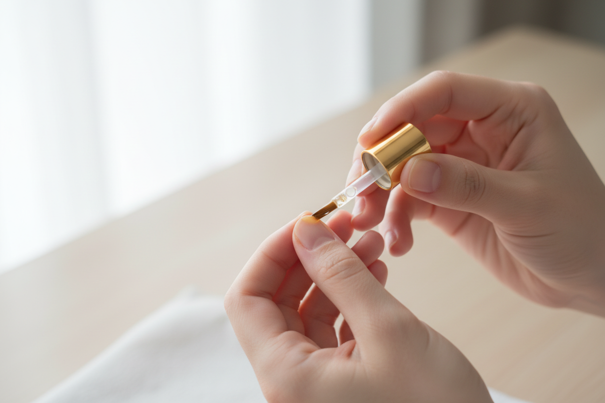 Application d'huile de cuticules sur des ongles très courts pour favoriser leur hydratation et leur repousse.