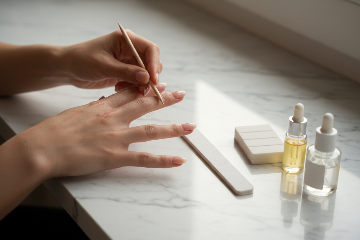 Mains féminines soignées sur marbre blanc lors d'une manucure maison étape par étape.
