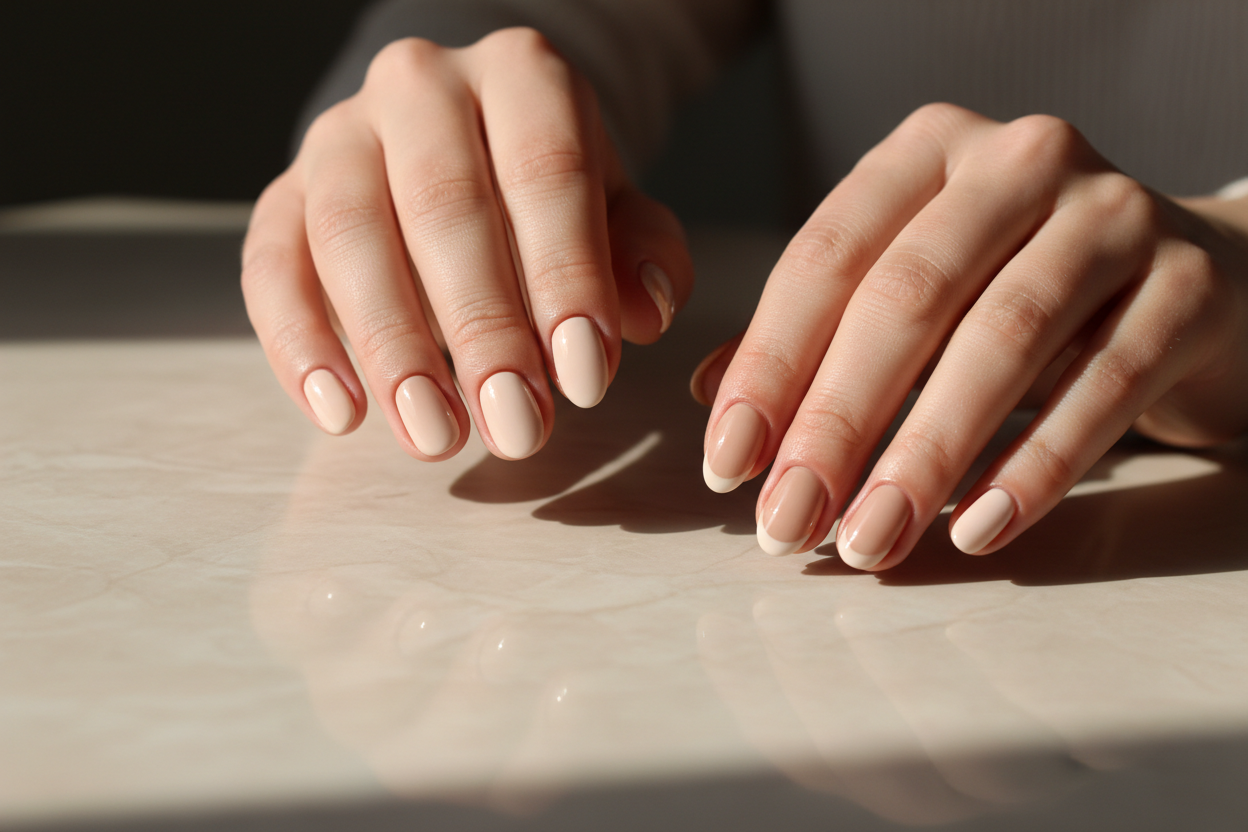 Mains soignées présentant plusieurs manucures minimalistes chics, dont un nude monochrome et une french revisitée.