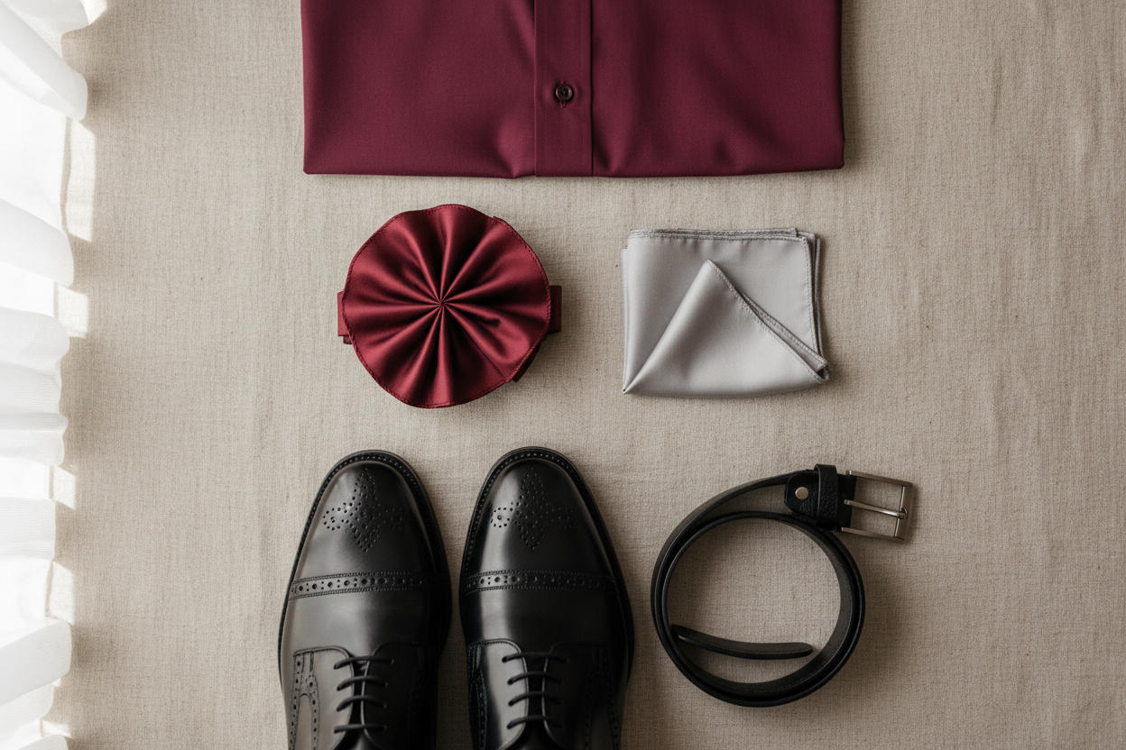 Accessoires de jaquette de mariage : lavallière, pochette, chaussures Oxford et ceinture assortis.