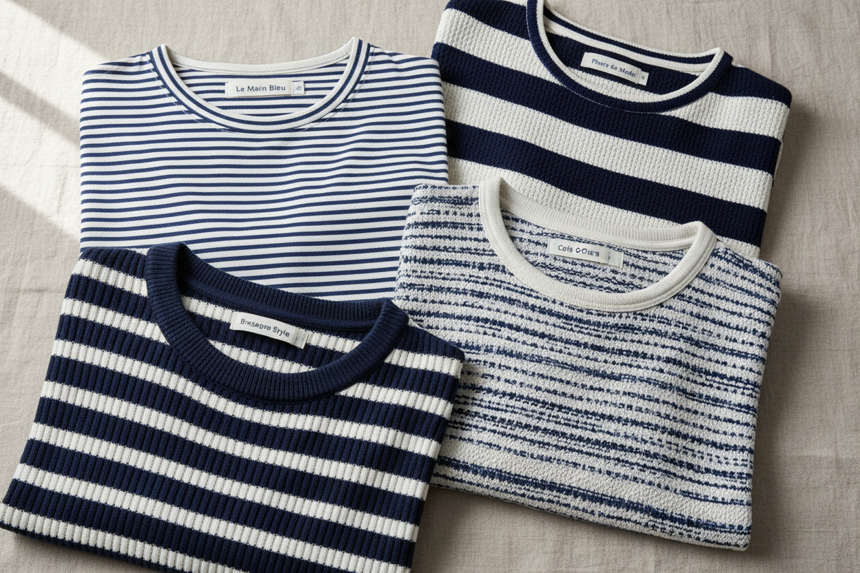 Quatre marinières rayées bleues et blanches pliées côte à côte, montrant les différentes qualités de tissu des grandes marques françaises.