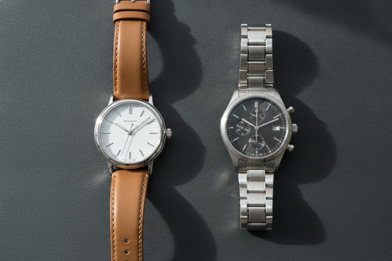 Deux montres pour homme posées côte à côte, illustrant la comparaison entre montres japonaises et suisses.