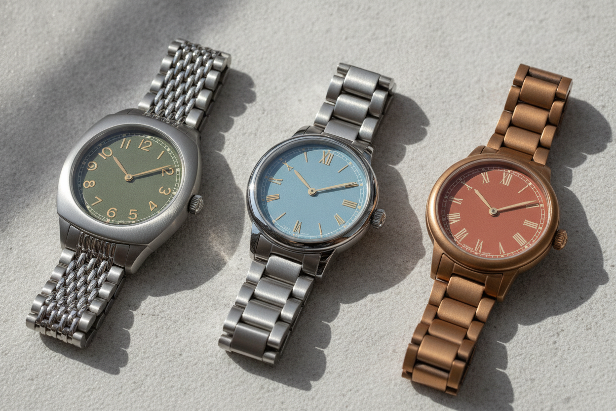 Trois montres mécaniques vintage françaises posées sur une surface en pierre claire, éclairées en lumière naturelle.