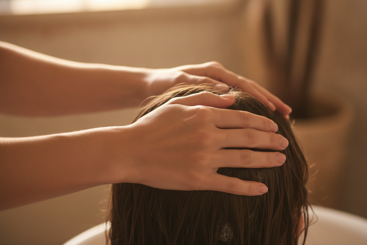 Massage du cuir chevelu avec les doigts pour stimuler la microcirculation et favoriser la pousse des cheveux.