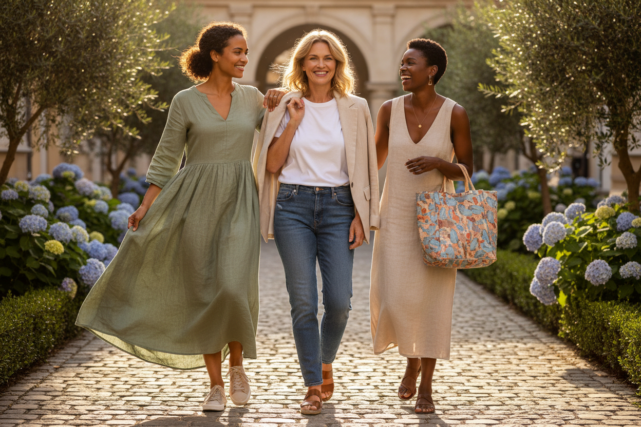 Trois femmes de 30 à 50 ans portant une garde-robe capsule estivale composée de pièces intemporelles et tendance.