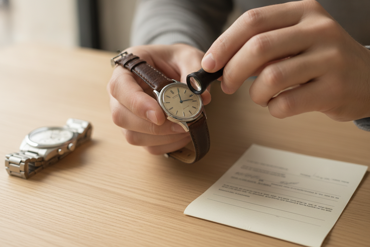 Mains inspectant une montre d'occasion à la loupe sur une table en bois, avec un certificat posé à côté.