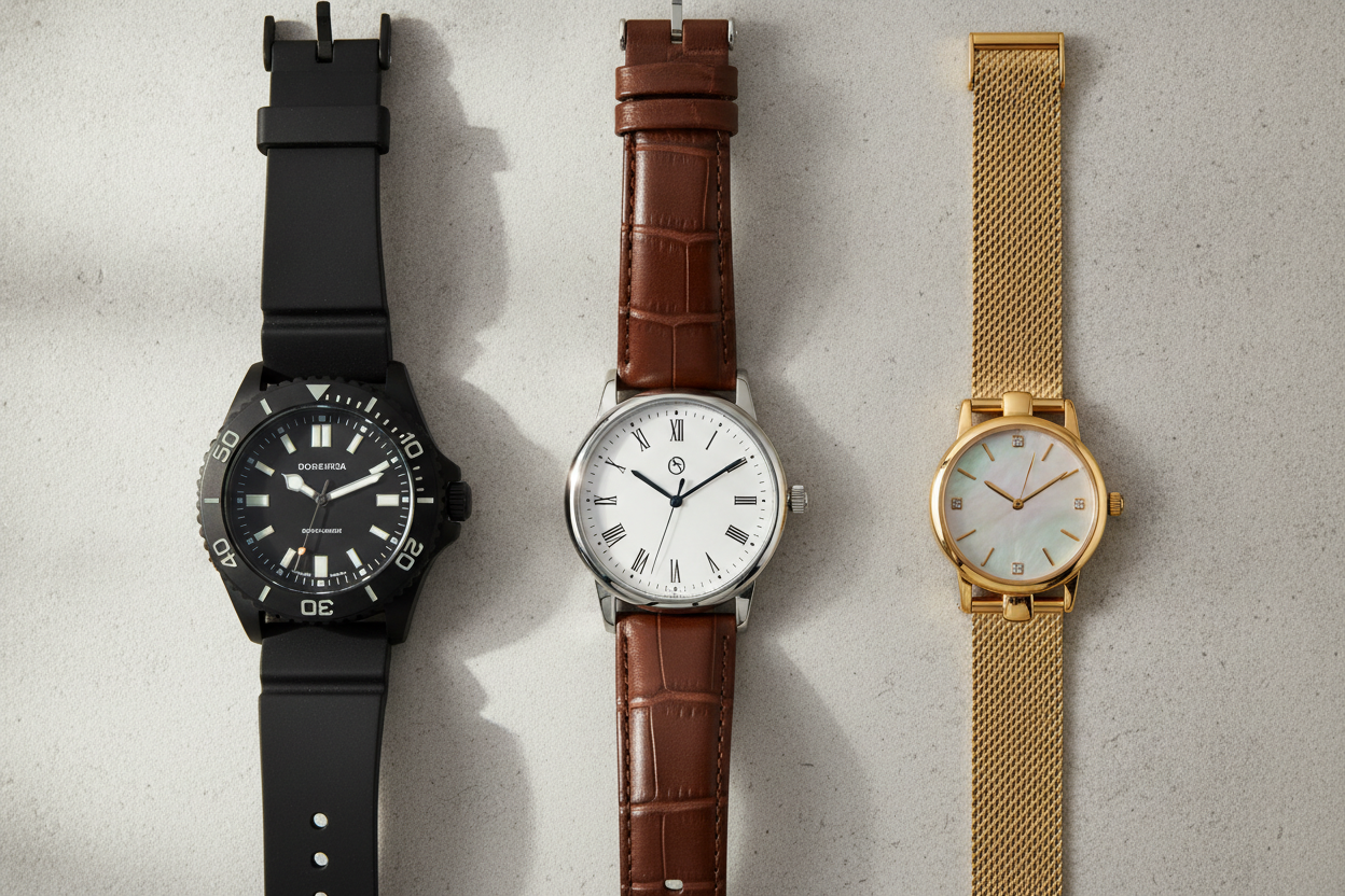 Trois montres disposées côte à côte représentant des profils variés : sport, élégance et féminin.