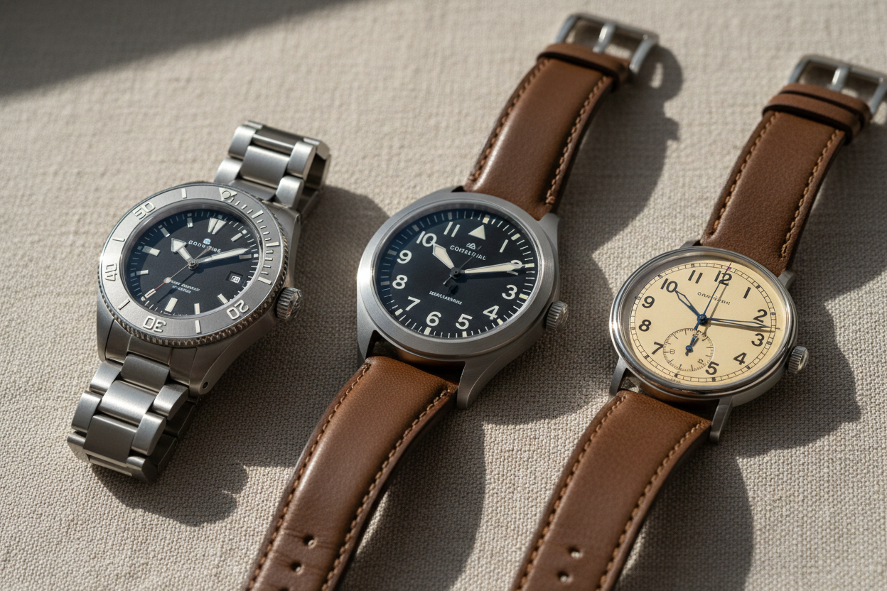 Trois montres de luxe présentées côte à côte : plongée, pilotage et vintage heritage.