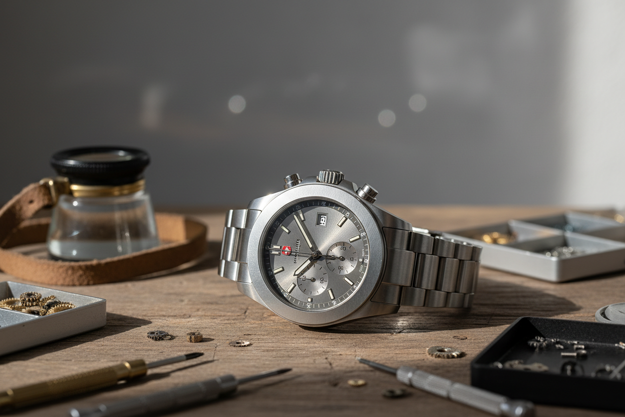 Montre de sport suisse robuste avec boîtier acier et outils d'horlogerie, illustrant la durabilité et la fiabilité des montres Alpina.