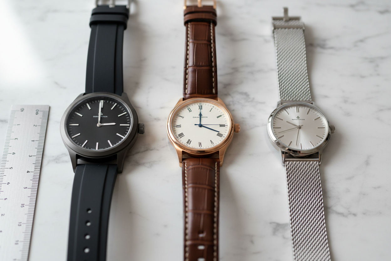 Trois montres hommes aux bracelets différents posées côte à côte pour comparer taille et matériaux.