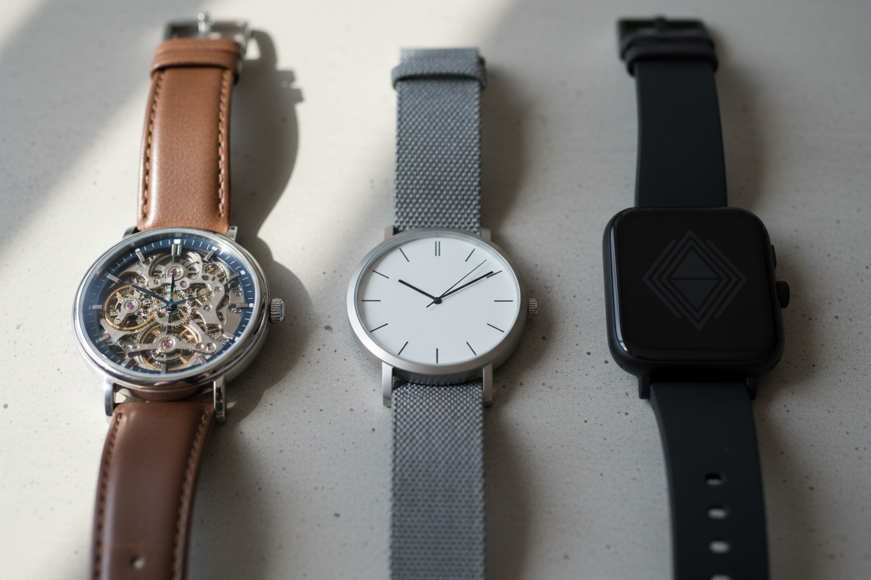 Trois montres homme côte à côte : automatique à mouvement apparent, quartz classique et montre connectée.