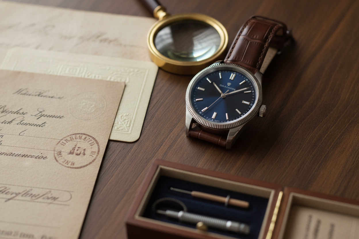 Montre de luxe d'occasion posée avec ses documents d'authenticité, sa boîte et une loupe d'inspection.