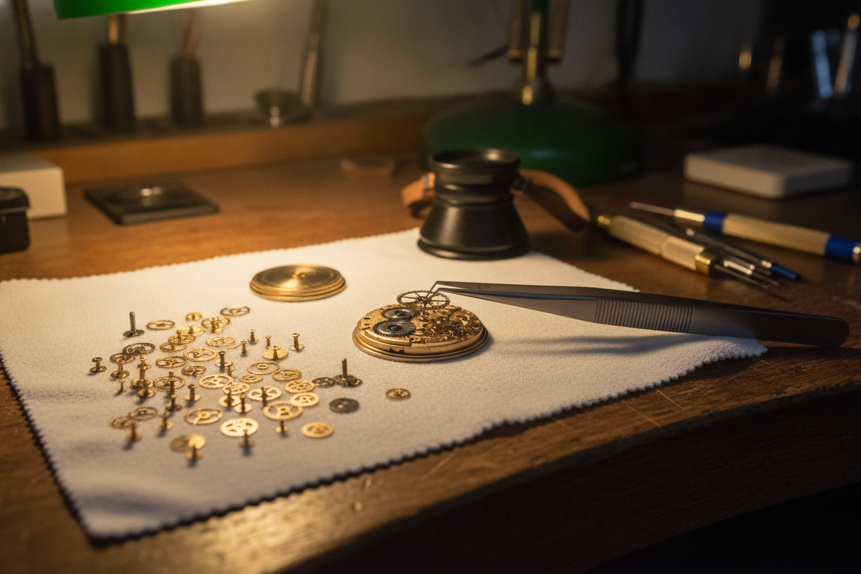 Montre de luxe en révision sur un établi d'horloger, avec outils et composants mécaniques disposés soigneusement.