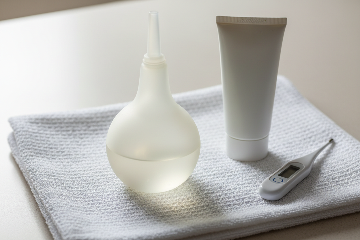 Matériel médical pour lavement rectal : poire en silicone, lubrifiant et thermomètre sur fond blanc.