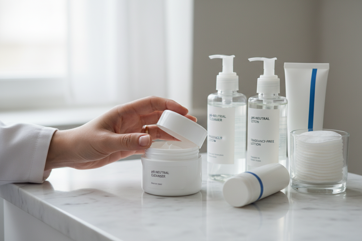 Produits de soin doux et crèmes hydratantes pour peaux sensibles sur un plan de travail médical.