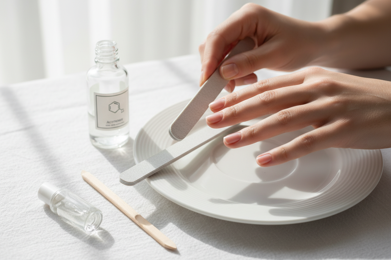 Gros plan sur la préparation des ongles à la maison avec lime et outils de manucure professionnels.