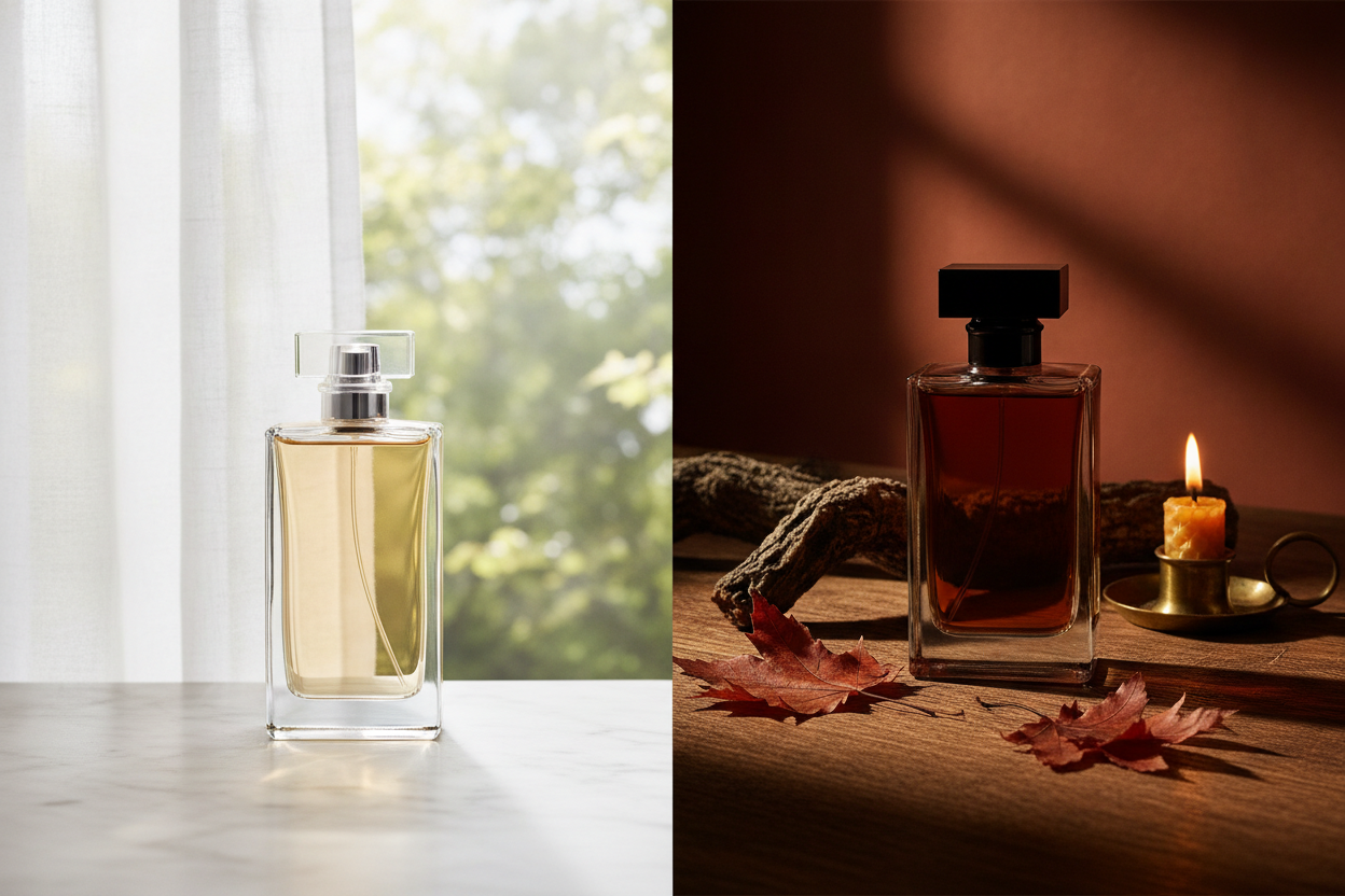 Deux flacons de parfum homme évoquant les saisons, l'un estival lumineux, l'autre automnal chaleureux.