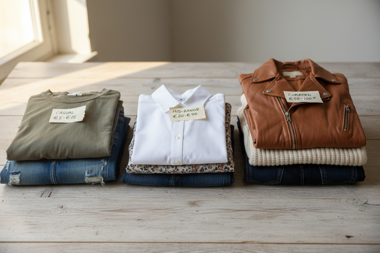 Trois rangées de vêtements d'occasion triés par prix, des pièces économiques aux articles vintage sélectionnés.