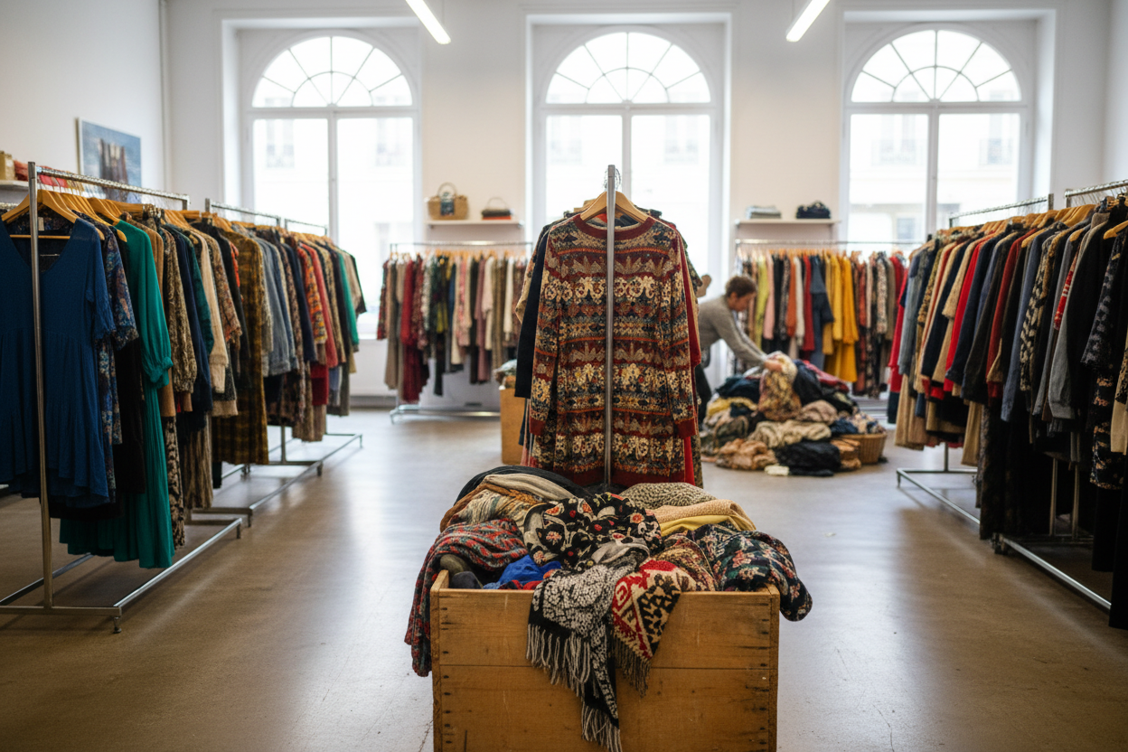 Bénévole triant des vêtements donnés dans une friperie solidaire parisienne lumineuse et bien organisée.