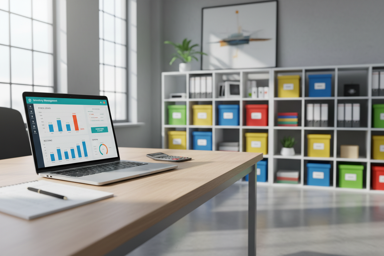 Écran d'ordinateur affichant un logiciel de gestion de stocks avec alertes d'inventaire et étagères organisées en arrière-plan.