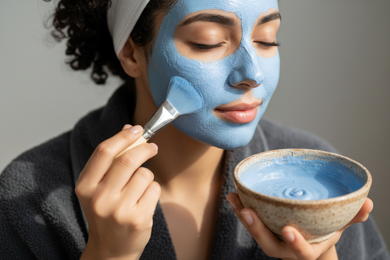 Application d'une pâte de poudre de nila bleue sur le visage avec un pinceau de masque.