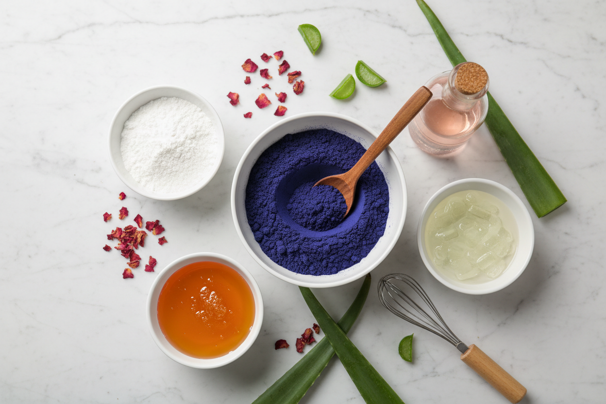 Préparation de masques visage avec poudre de nila, argile blanche, miel et autres ingrédients naturels.