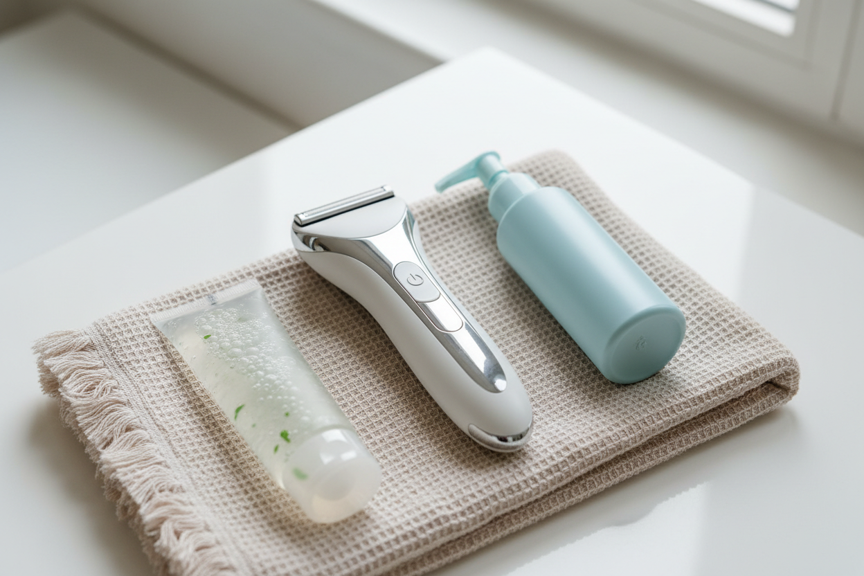Produits de rasage doux pour peau acnéique posés sur une surface de salle de bain propre et lumineuse.