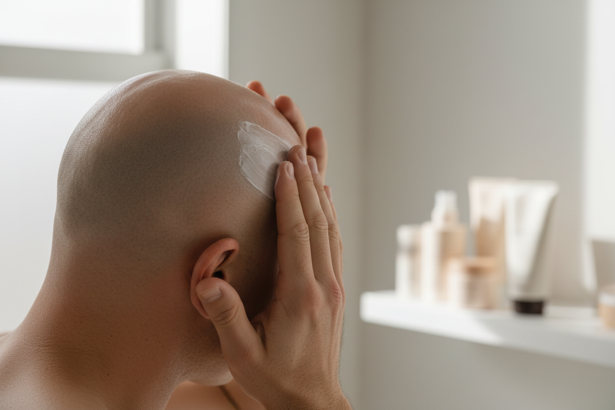 Homme appliquant un baume apaisant sur son crâne rasé pour hydrater et protéger la peau après le rasage.