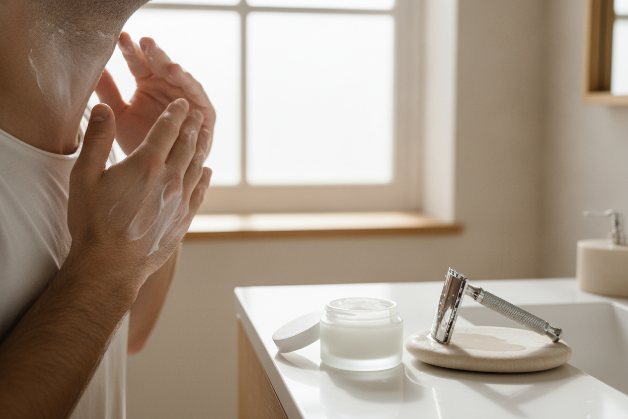 Application d'un baume après-rasage sur la peau du visage pour apaiser les irritations et hydrater après le rasage.
