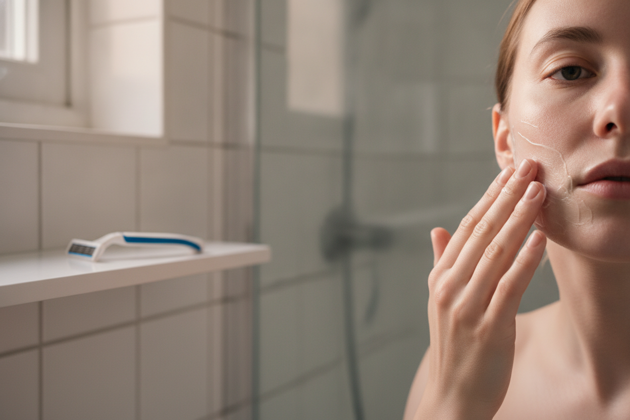 Personne à peau sensible appliquant du gel de rasage sur la joue avant de se raser avec un rasoir deux lames.