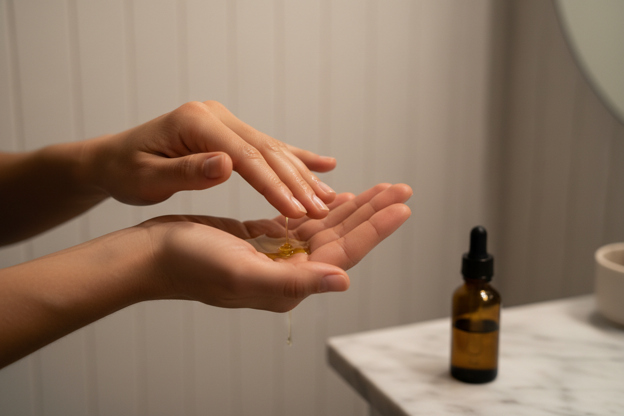 Mains réchauffant quelques gouttes d'huile d'olive entre les paumes avant application sur le visage le soir.
