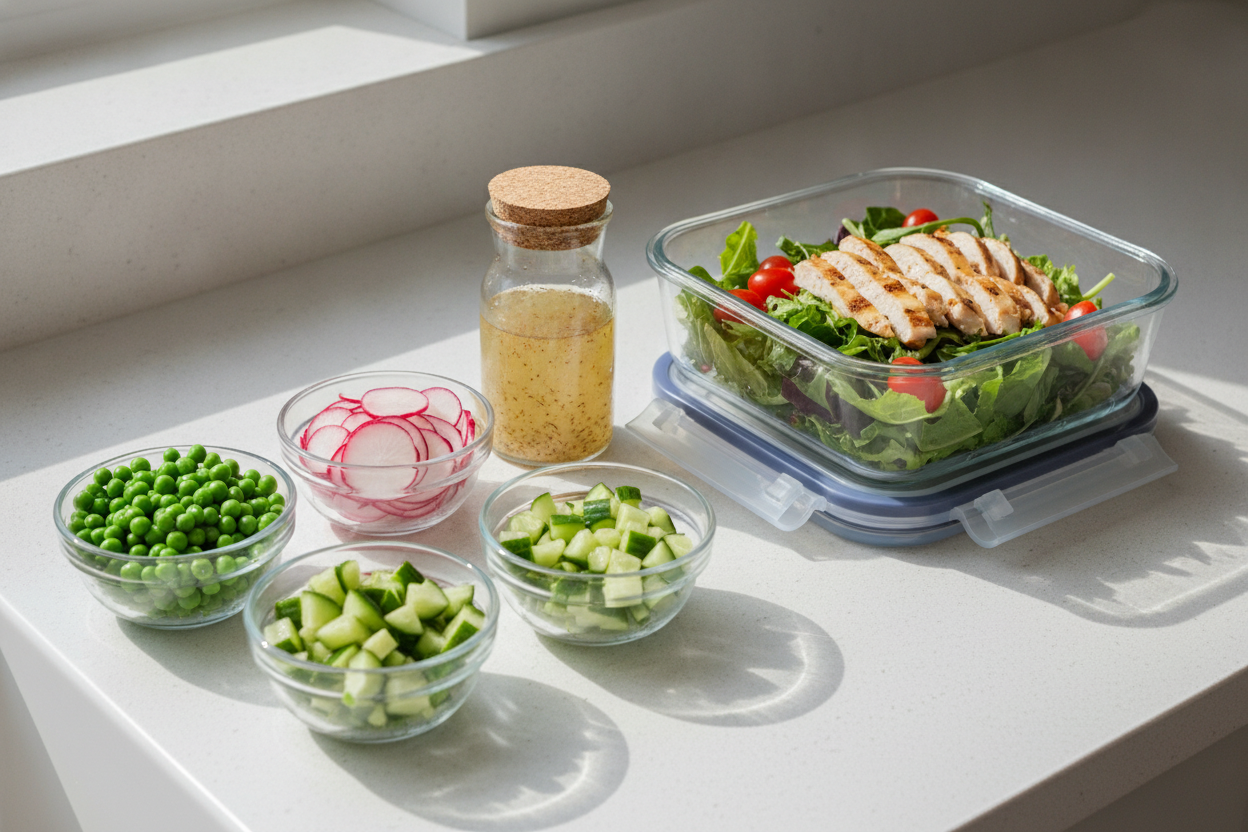 Ingrédients de salade aux petits pois préparés à l'avance dans des contenants hermétiques séparés au réfrigérateur.
