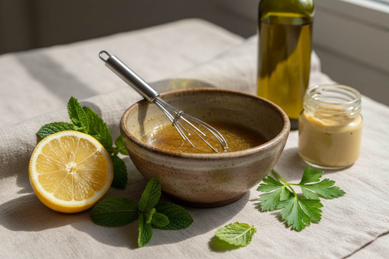 Bol de vinaigrette maison à l'huile d'olive et citron, entouré de menthe fraîche et de persil plat.