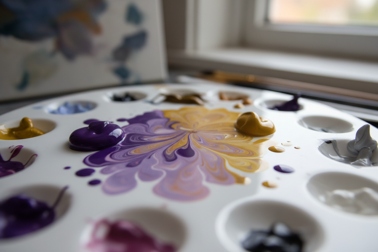 Palette montrant la complémentarité entre pigments violets et jaunes pour illustrer la neutralisation chromatique des reflets.