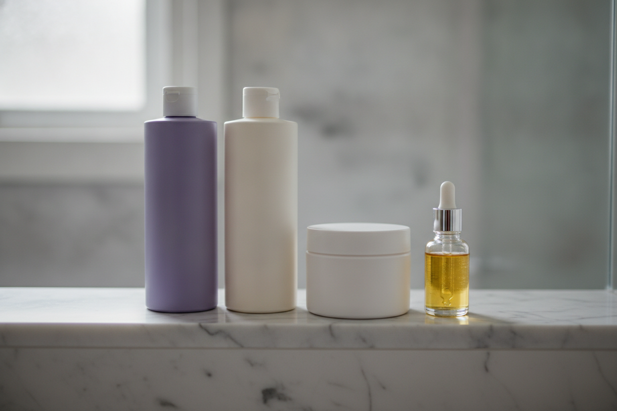 Étagère de salle de bain organisée avec des soins capillaires pour une routine hebdomadaire de cheveux décolorés.