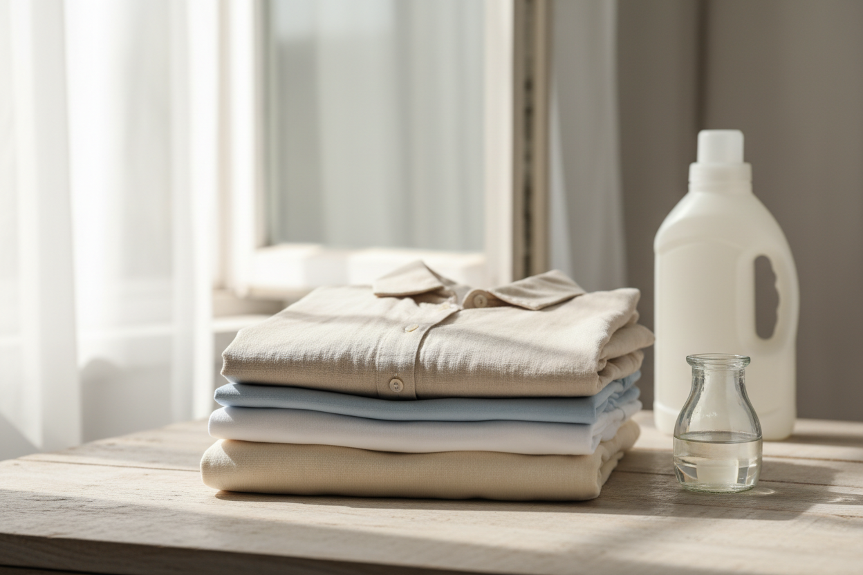 Vêtements d'été en lin et coton pliés près d'un pot de vinaigre blanc pour un entretien naturel.