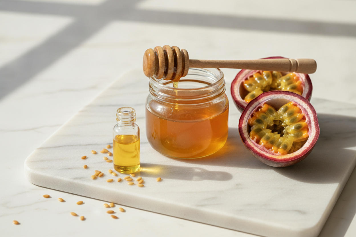 Ingrédients naturels du shampoing bleu Dessange : miel de manuka, huile de lin et huile de passiflore réunis.