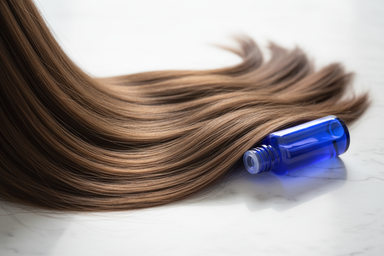 Cheveux brillants et soyeux après utilisation d'un shampoing bleu neutralisant les reflets orangés et cuivrés.