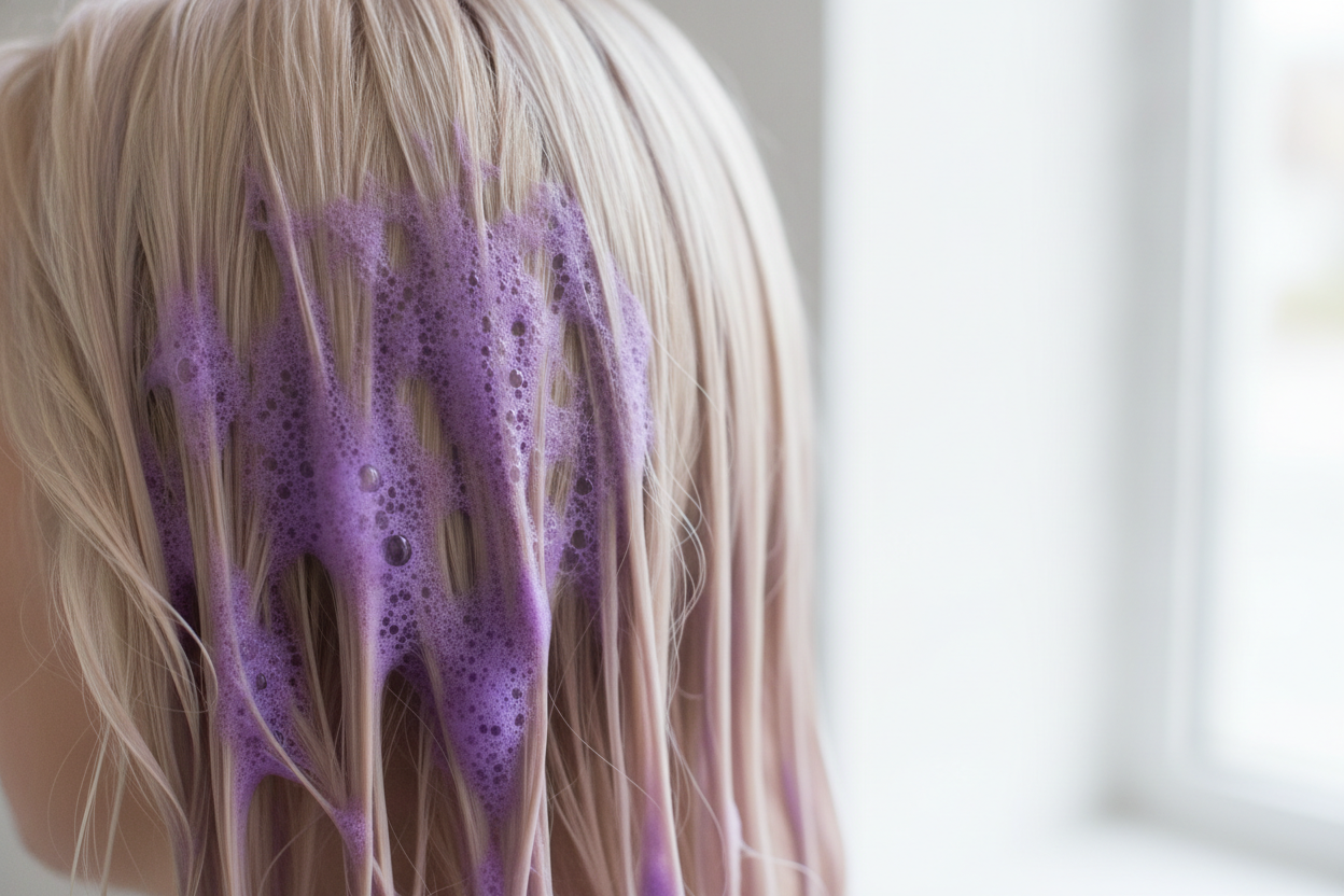 Mousse violette pigmentée appliquée sur des cheveux blonds platine décolorés pour neutraliser les reflets jaunes.