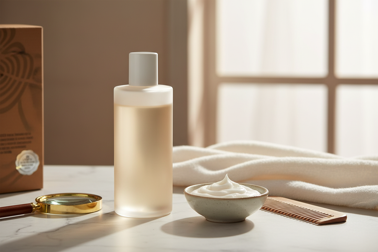 Produits de soin Tokio authentiques avec emballage, traitement riche et accessoires de vérification en lumière naturelle.
