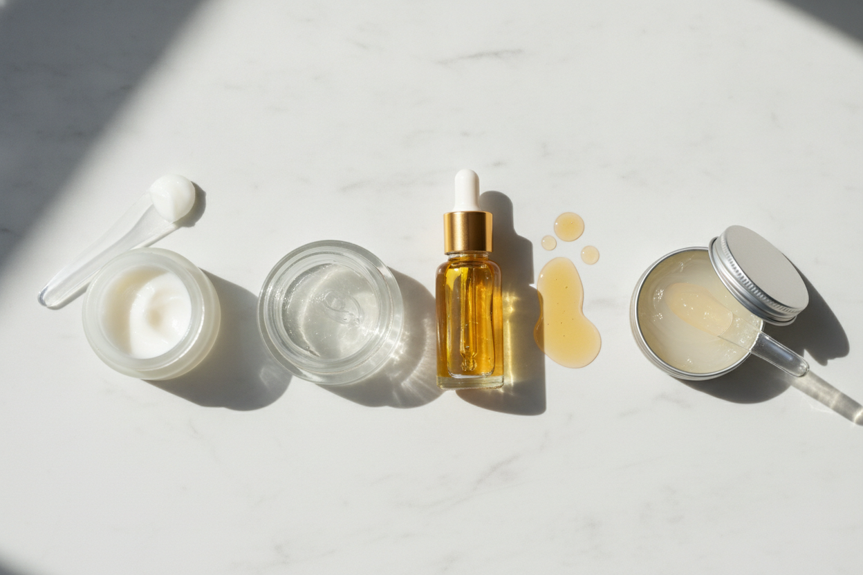 Quatre textures de soins comparées : crème légère, baume épais, huile végétale et onguent occlusif pour talons crevassés.