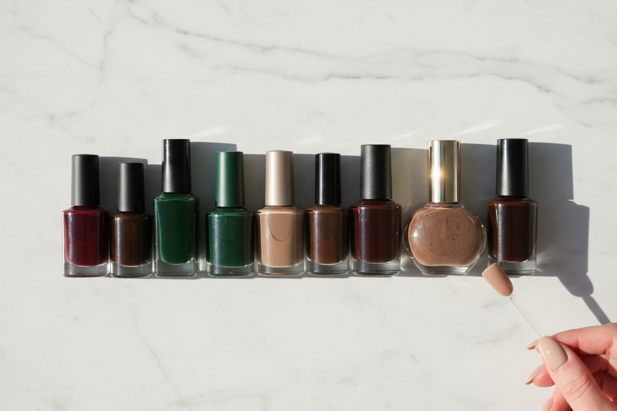 Plusieurs flacons de vernis à ongles en teintes hivernales bordeaux, vert et taupe, photographiés à plat sur marbre blanc.