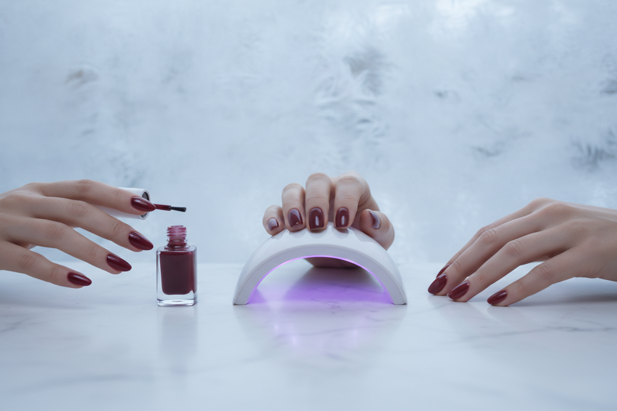 Comparaison de trois finitions d'ongles vernis classique, gel et semi-permanent sur fond marbre hivernal.